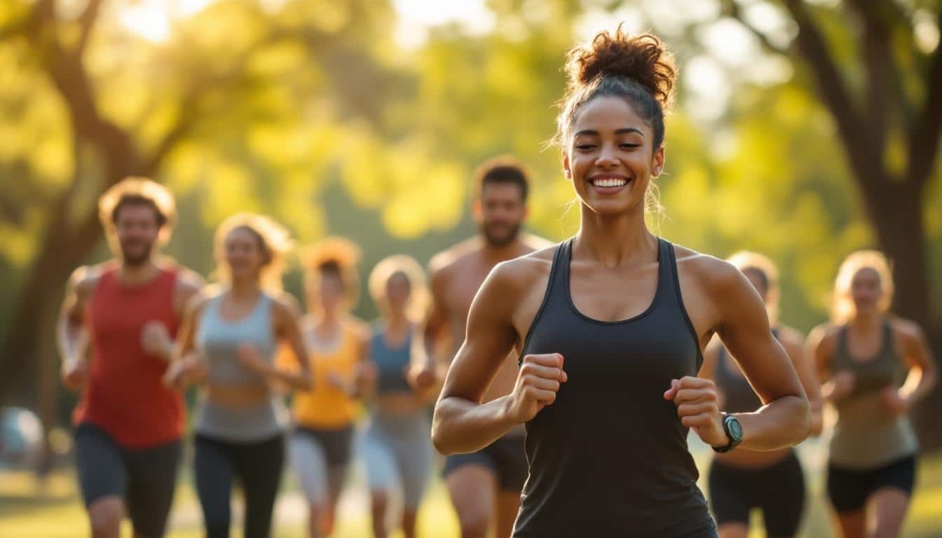 mujer sonriendo corriendo por un jardin